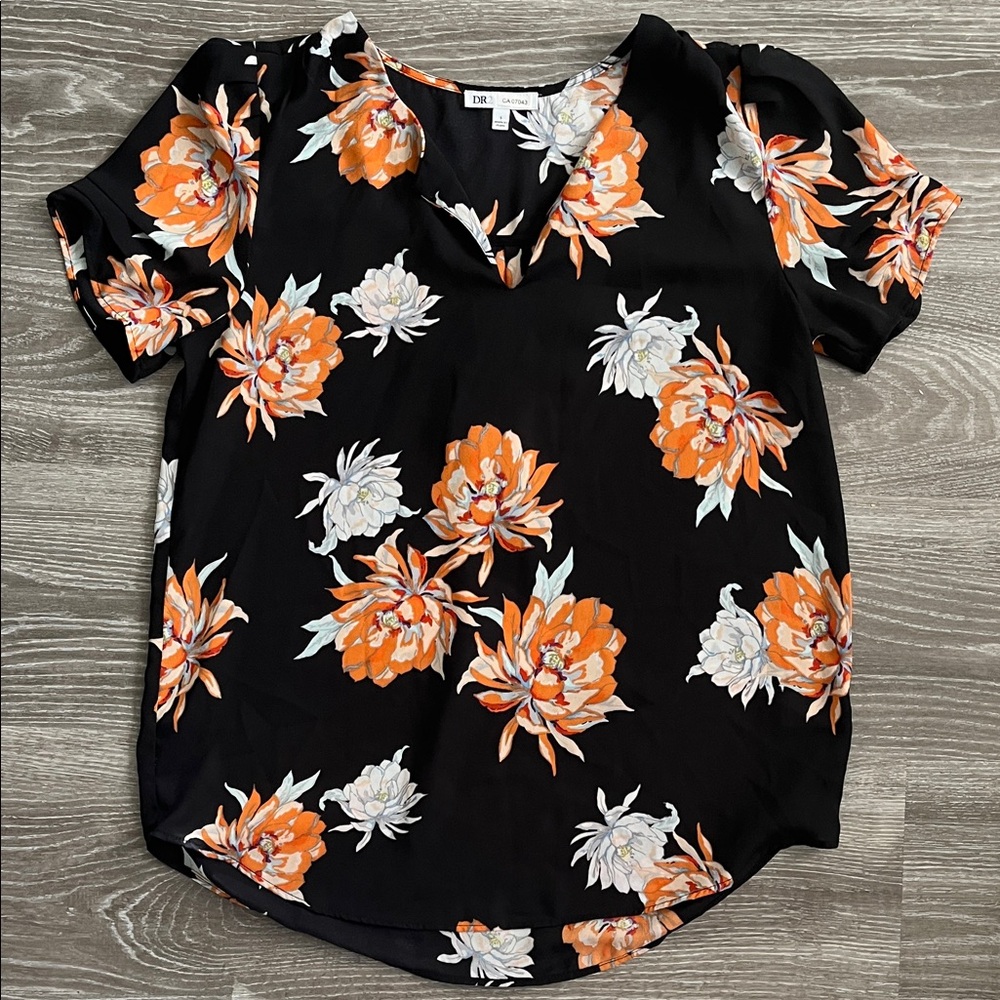 Zara Floral Blouse in Black with Orange and White Accents